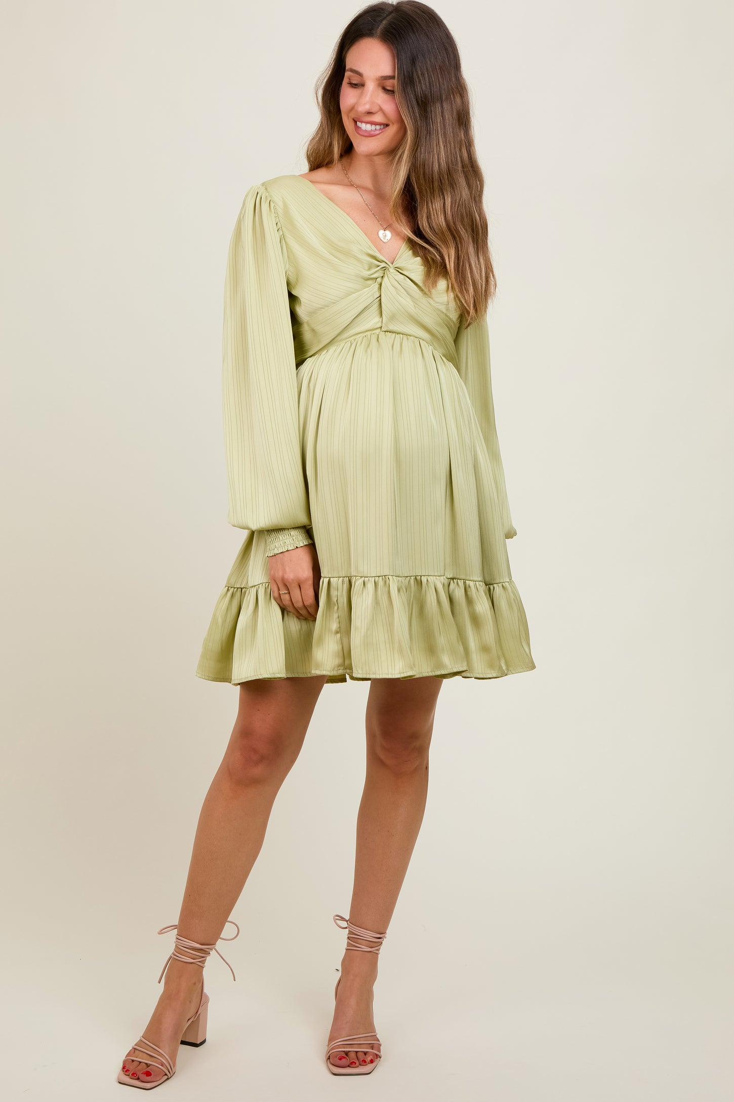 Mint Green Striped Satin Twist Front Maternity Dress