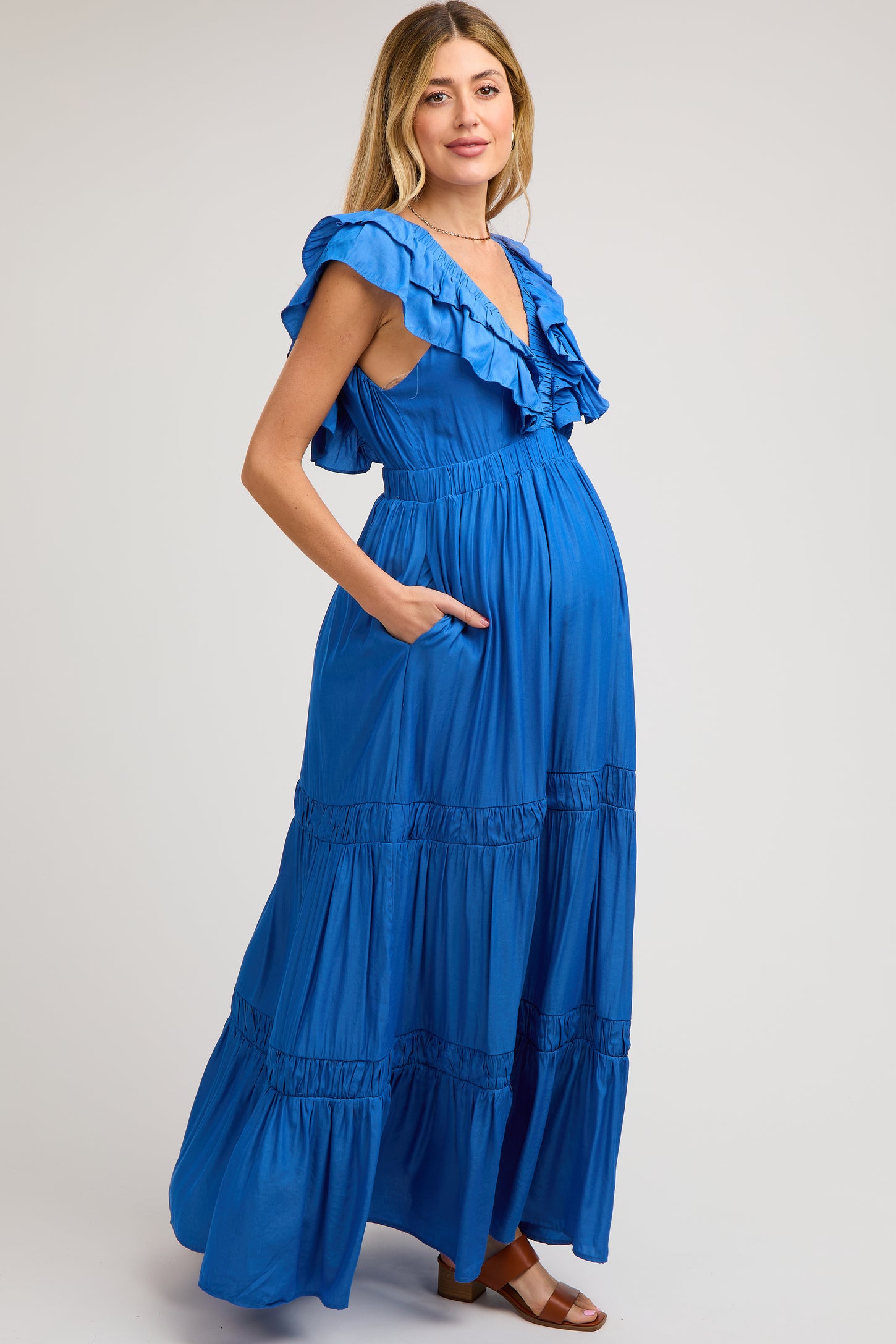 Blue Layered Ruffle Tiered Maternity Maxi Dress PinkBlush Blue Layered Ruffle Tiered Maternity Maxi Dress PinkBlush