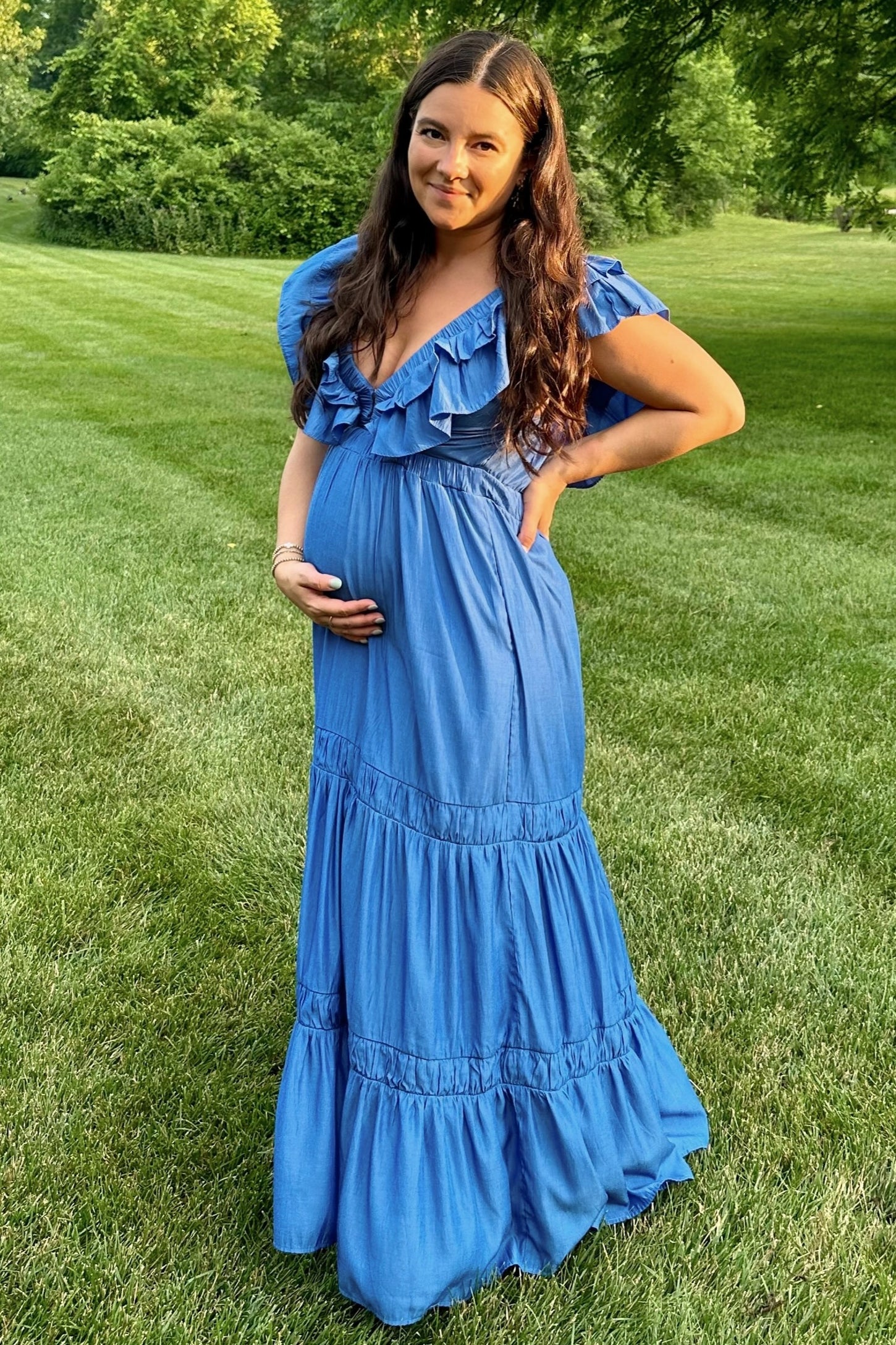 Blue Layered Ruffle Tiered Maternity Maxi Dress PinkBlush Blue Layered Ruffle Tiered Maternity Maxi Dress PinkBlush