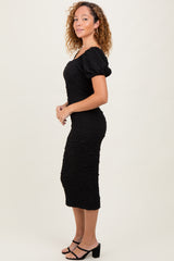 Black Textured Square Neck Puff Sleeve Midi Dress