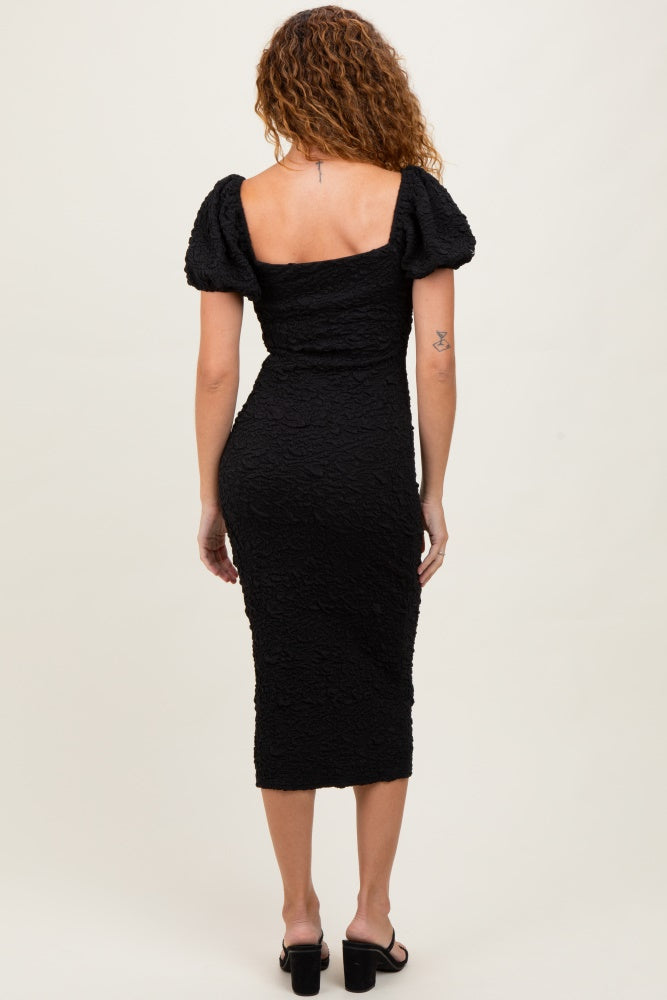 Black Textured Square Neck Puff Sleeve Midi Dress