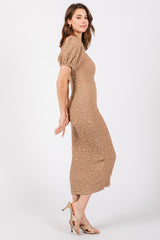 Taupe Textured Square Neck Puff Sleeve Midi Dress