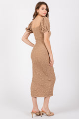 Taupe Textured Square Neck Puff Sleeve Midi Dress