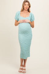 Mint Textured Square Neck Puff Sleeve Maternity Midi Dress
