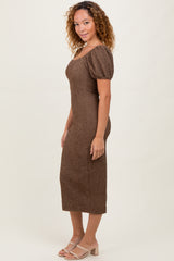 Brown Popcorn Textured Short Puff Sleeve Midi Dress