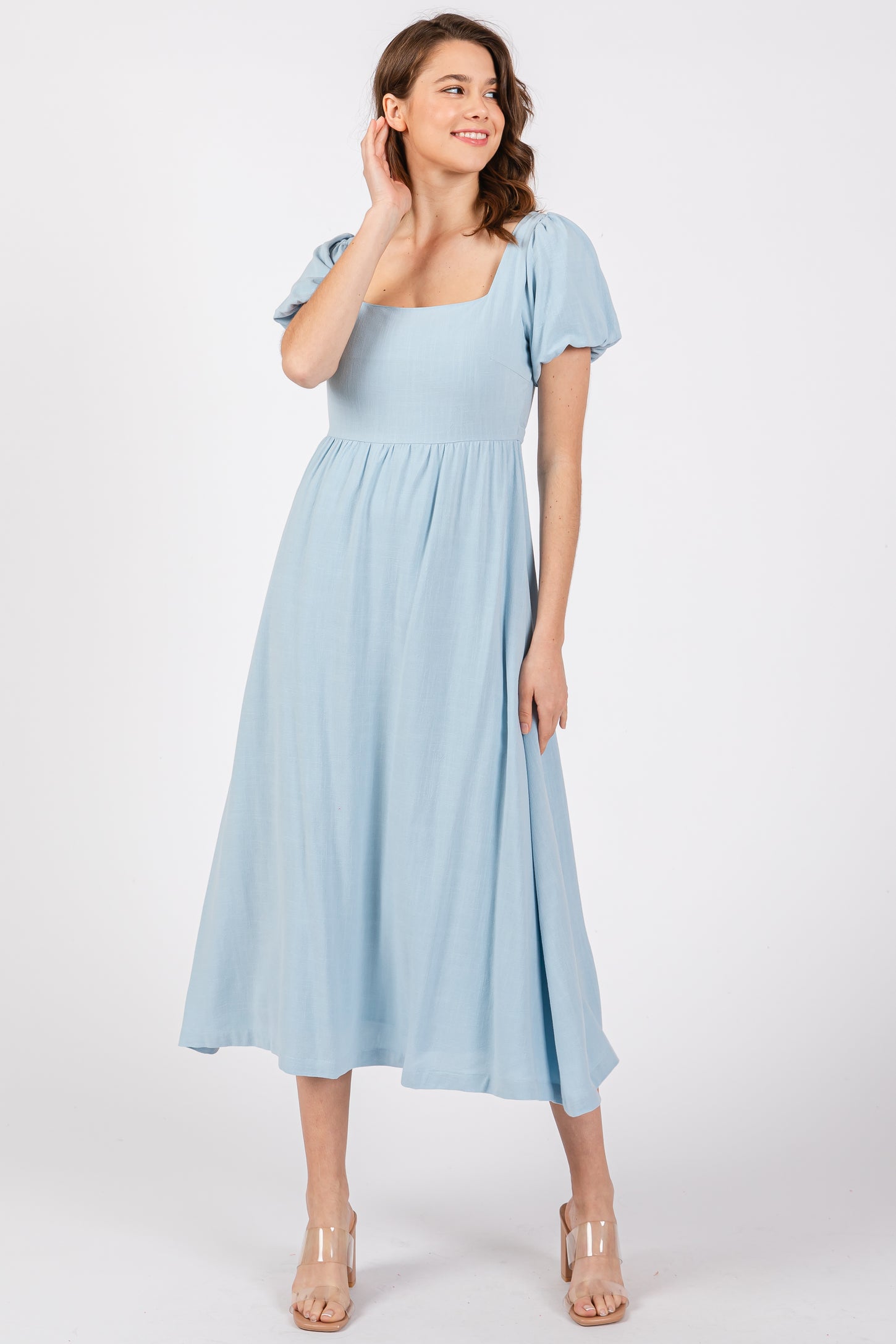 blue linen maternity dress Nikka Place Maxi Linen Maternity Dress With Short Sleeves