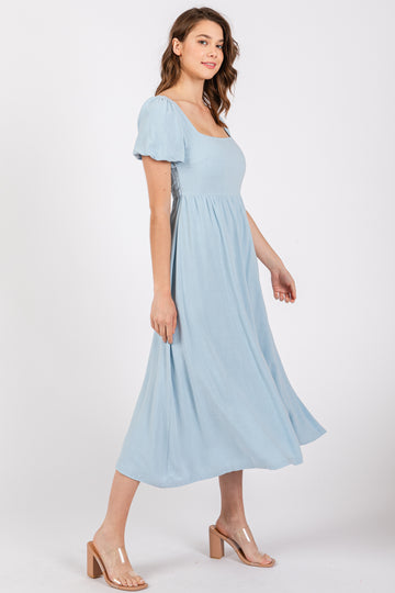 Light Blue Puff Sleeve Linen Midi Dress