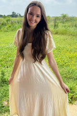 Ivory Puff Sleeve Linen Midi Dress