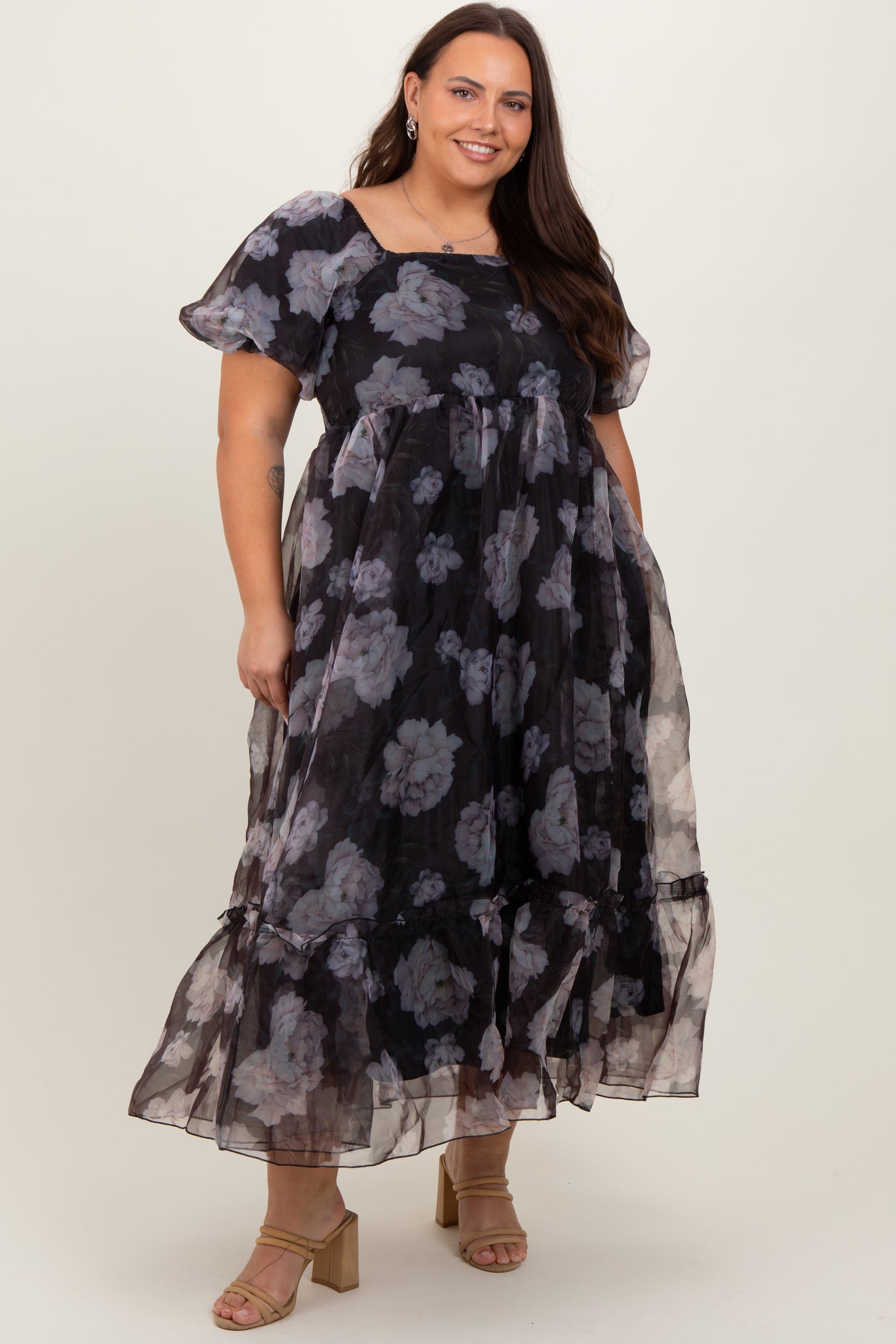 organza plus size dress Romantic Plus Size Midi Dress With Floral Print, Organza Summer Dress With Long Sleeves, Wedding Guest Baby Shower Bachelorette Party Dress