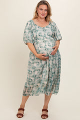 Green Watercolor Floral Maternity Plus Midi Dress