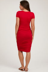 Red Ruched Fitted Maternity Dress