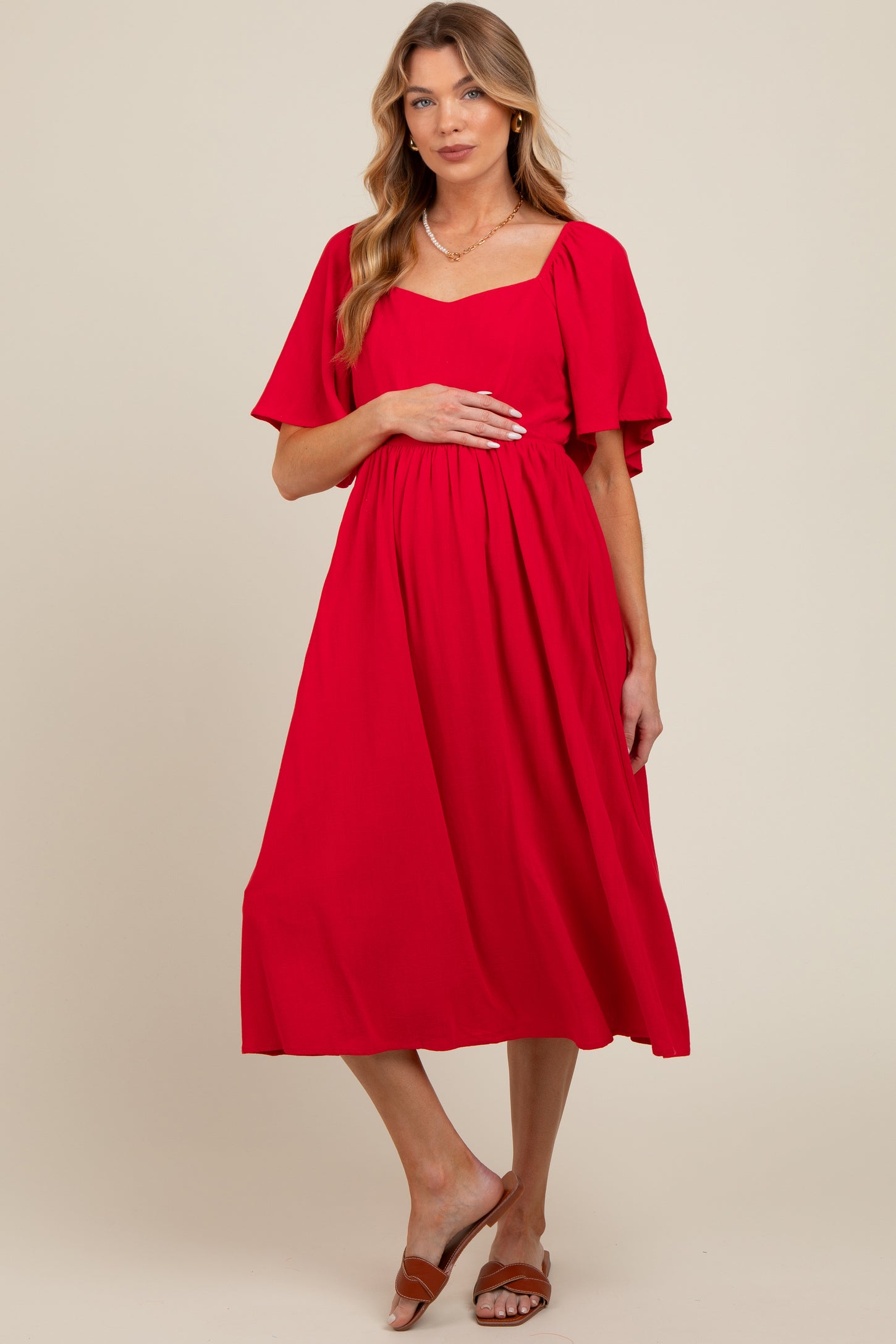 Red Flutter Short Sleeve Back Tie Cutout Maternity Midi Dress