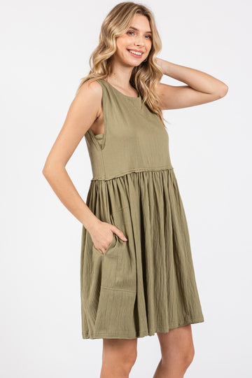 Olive Sleeveless Textured Dress