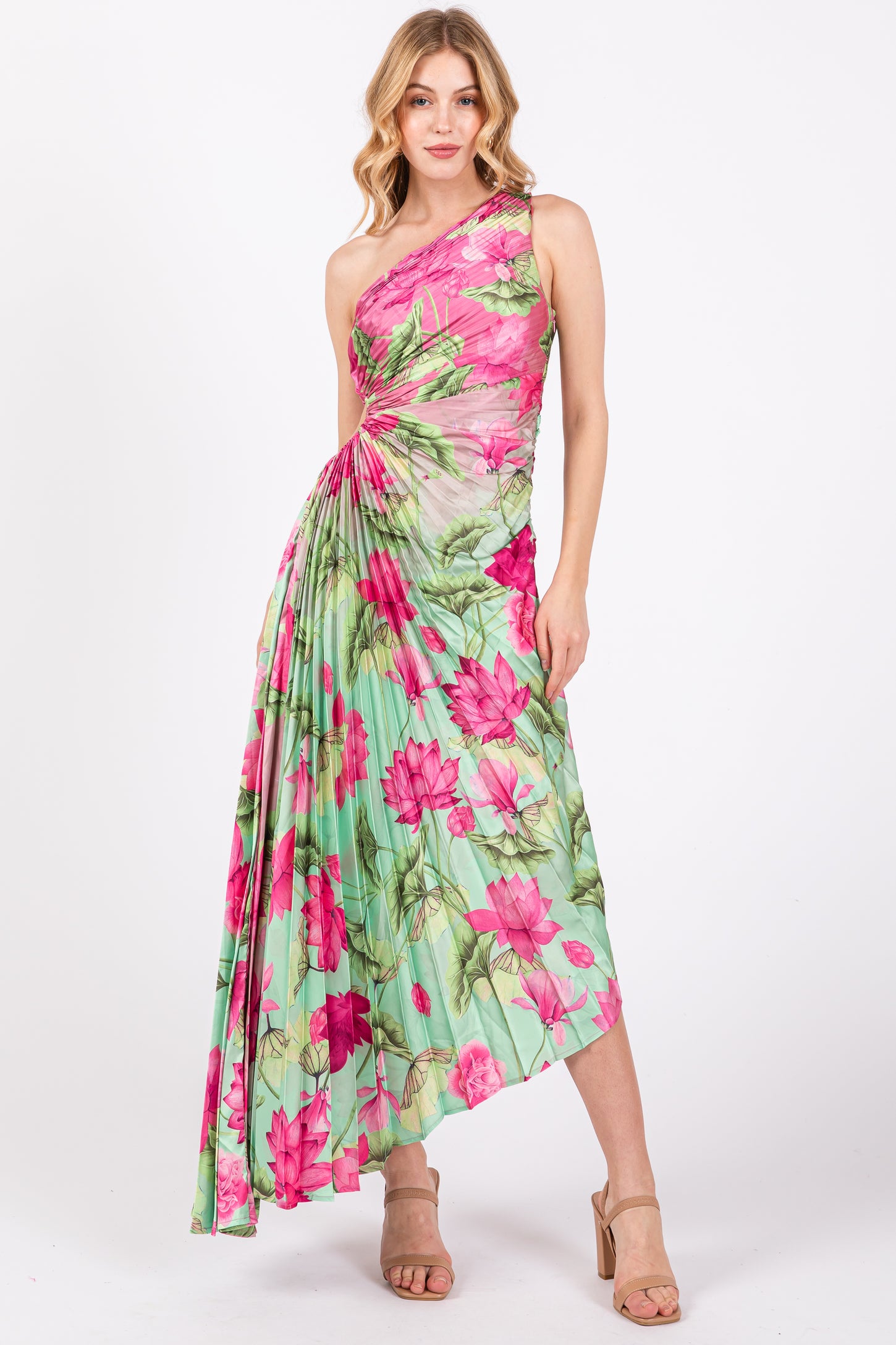 pleated one shoulder cut out dress Final Sale Plus Size Satin One Shoulder Asymmetric Pleated Dress with Chic And Curvy