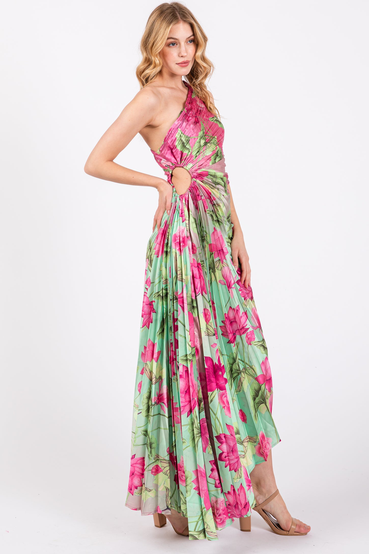 Pink Floral Pleated One Shoulder Cutout Dress PinkBlush Pink Floral Pleated One Shoulder Cutout Dress PinkBlush