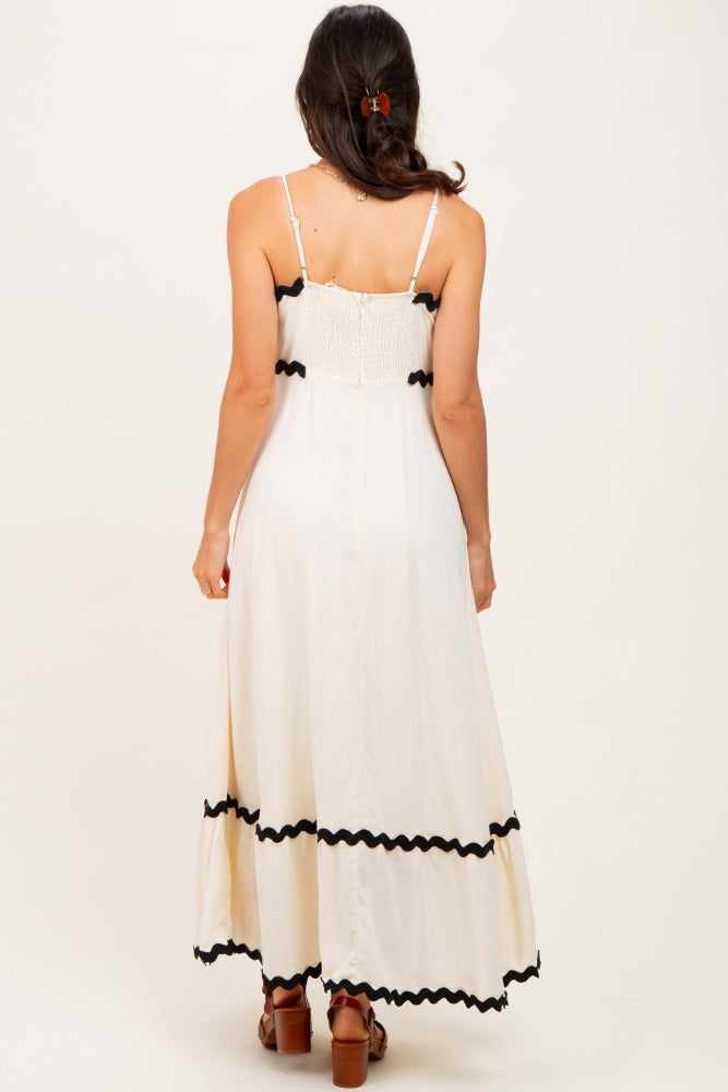 Beige Colorblock Trim Midi Dress