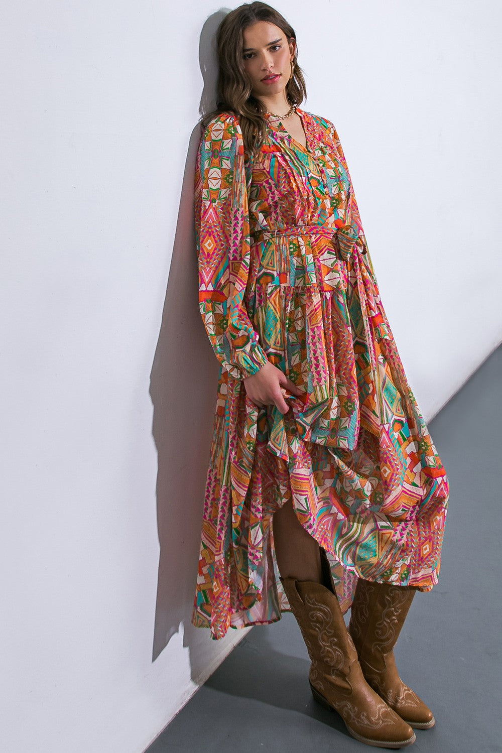 Orange Button Front Ruffle Midi Dress