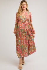 Orange Button Front Ruffle Maternity Midi Dress