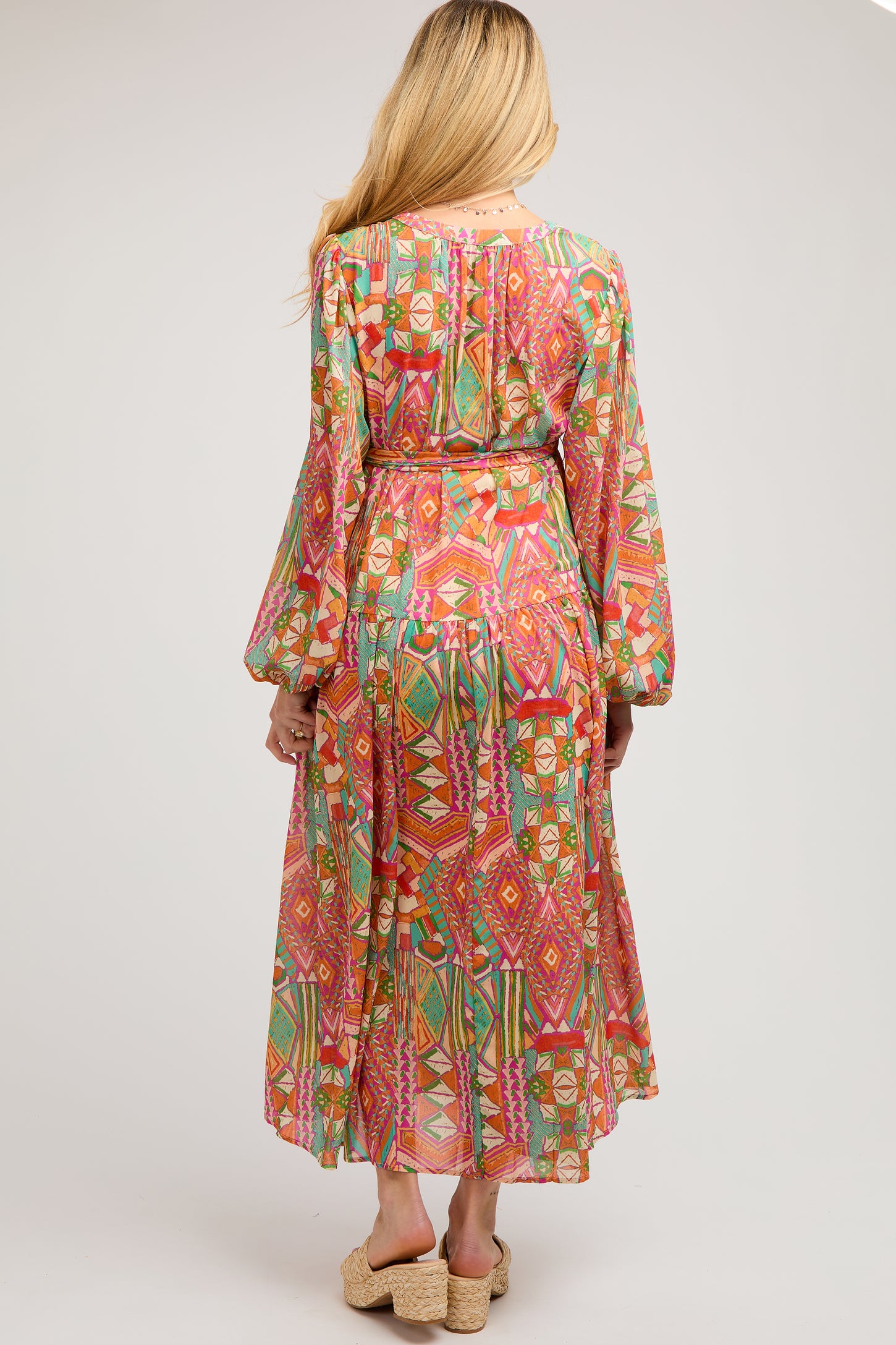 Orange Button Front Ruffle Maternity Midi Dress