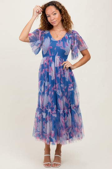 Blue Leaf Print Mesh Smocked Midi Dress