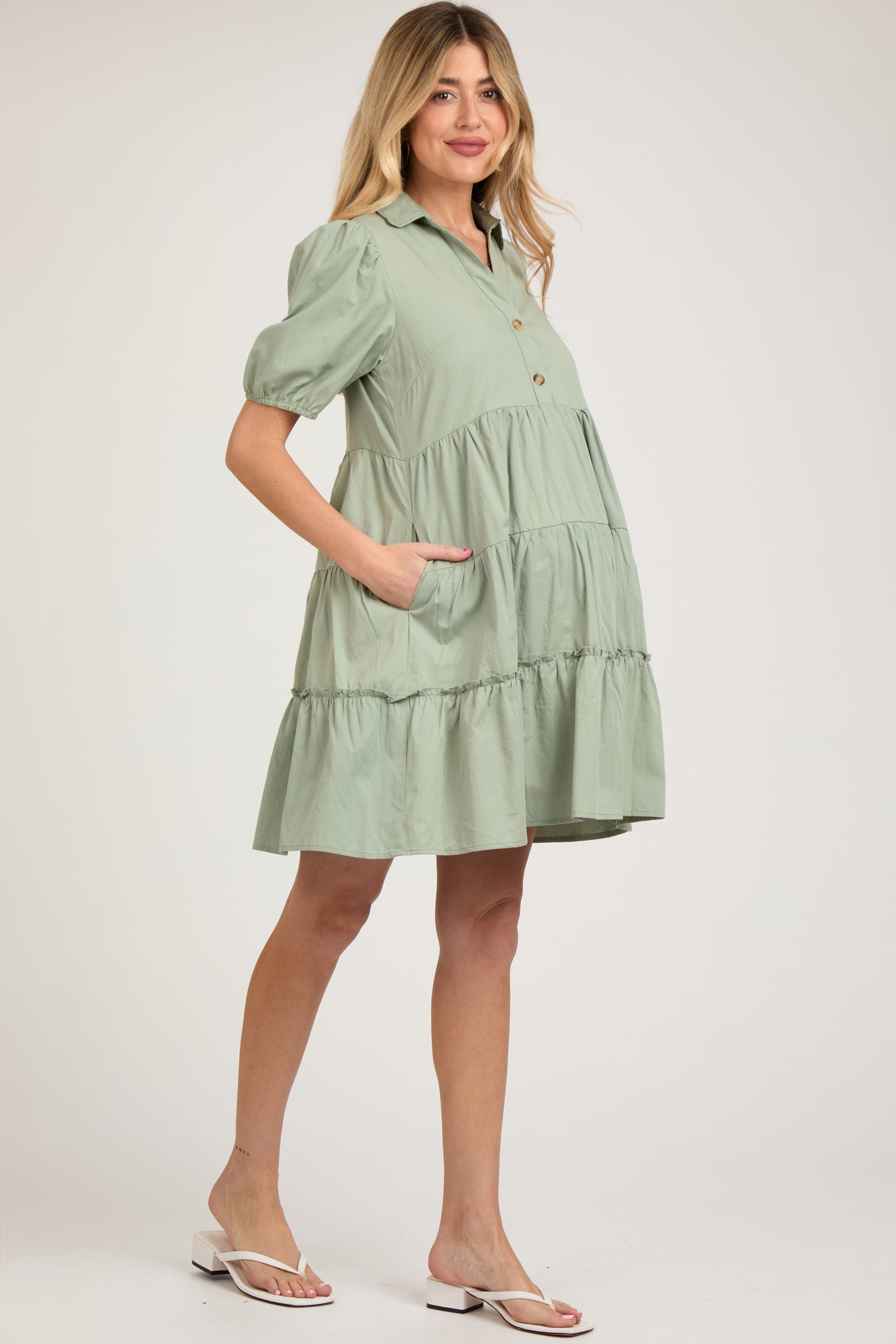 Light Olive Collared Tiered Maternity Dress