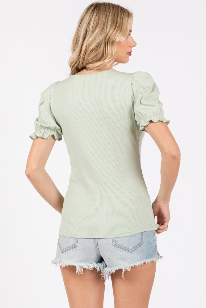 Sage Ribbed Puff Sleeve Top