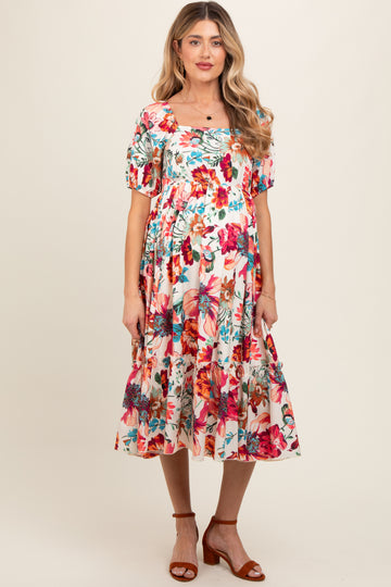 Cream Floral Puff Sleeve Maternity Midi Dress
