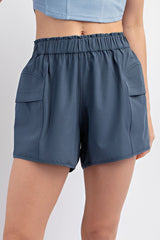 Navy Blue Elastic Waist Side Pocket Active Shorts