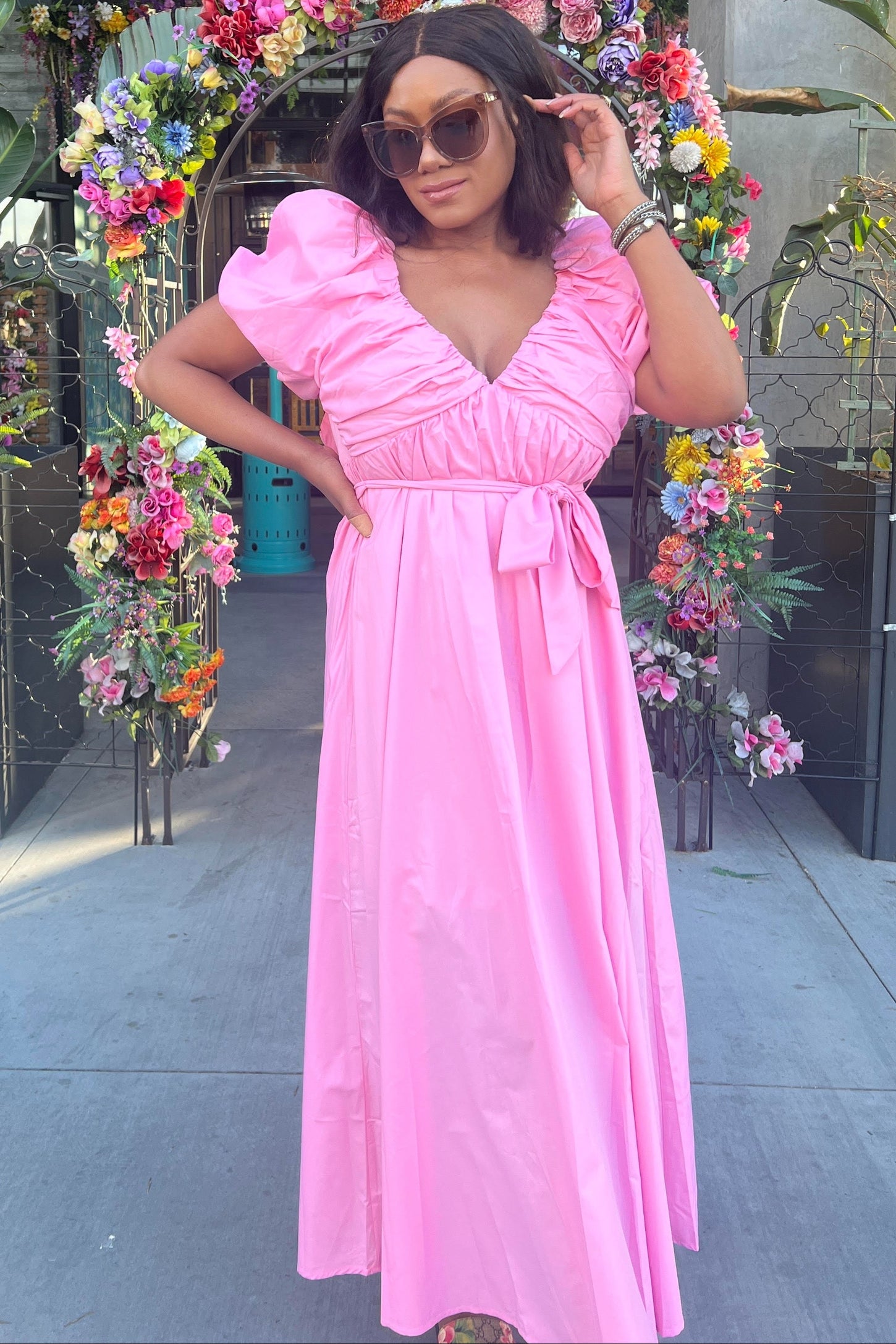 Pink Balloon Sleeve V Neckline Maxi Dress
