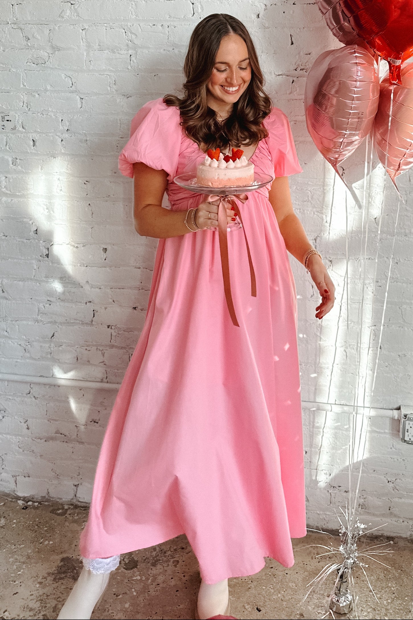 Pink Balloon Sleeve V Neckline Maxi Dress