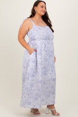 White Blue Floral Tie Strap Plus Maxi Dress