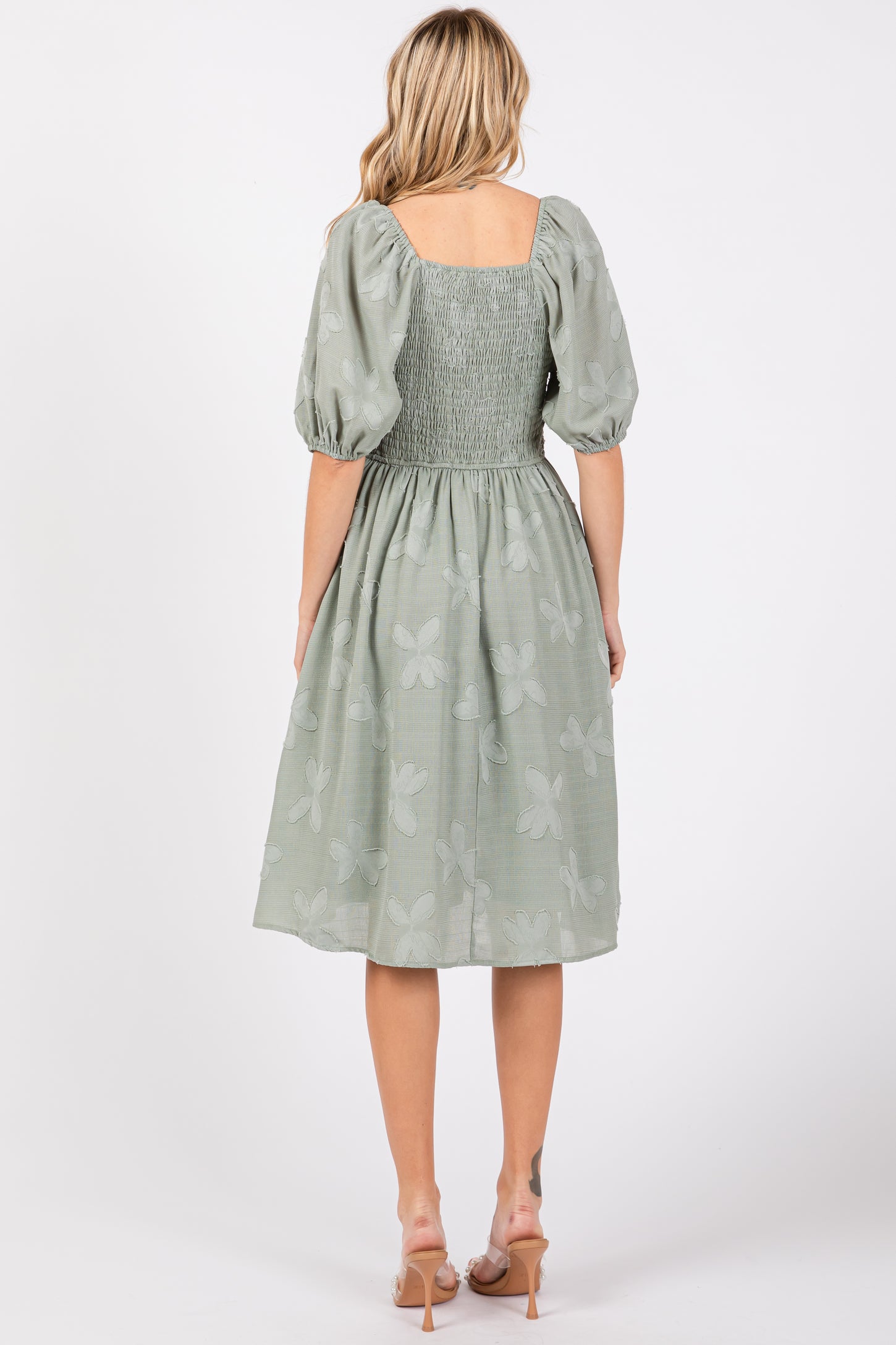 Sage Textured Floral Square Neck Puff Sleeve Dress