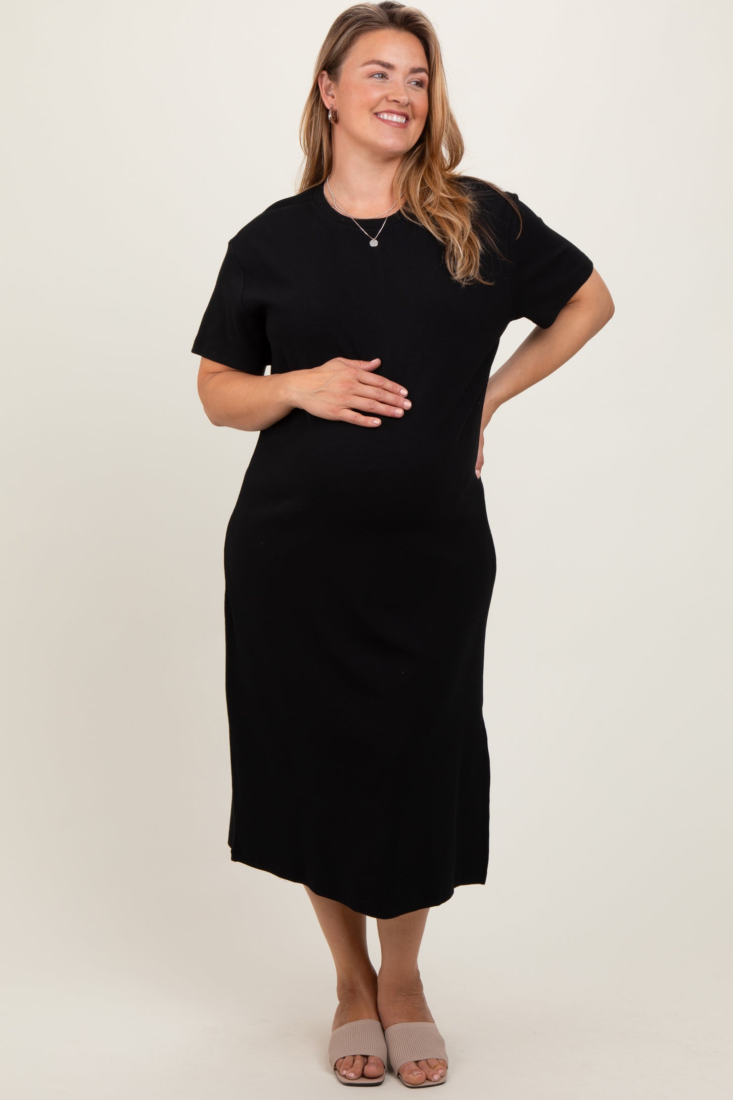 Black Short Sleeve Side Slit Maternity Plus T-Shirt Midi Dress