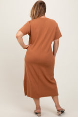 Camel Short Sleeve Side Slit Maternity Plus T-Shirt Midi Dress