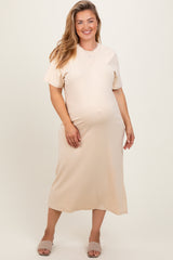 Cream Short Sleeve Side Slit Maternity Plus T-Shirt Midi Dress