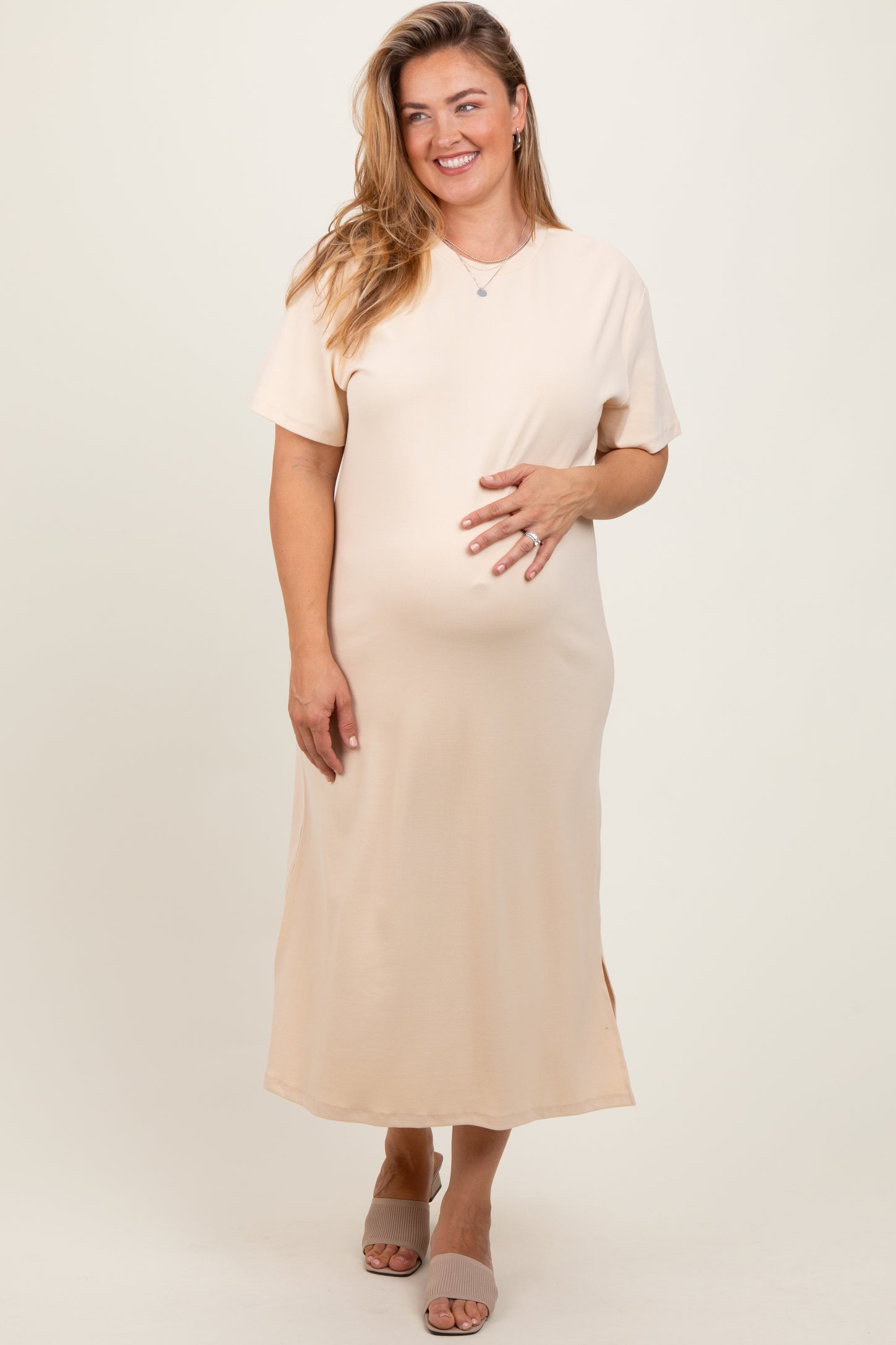 Cream Short Sleeve Side Slit Maternity Plus T-Shirt Midi Dress
