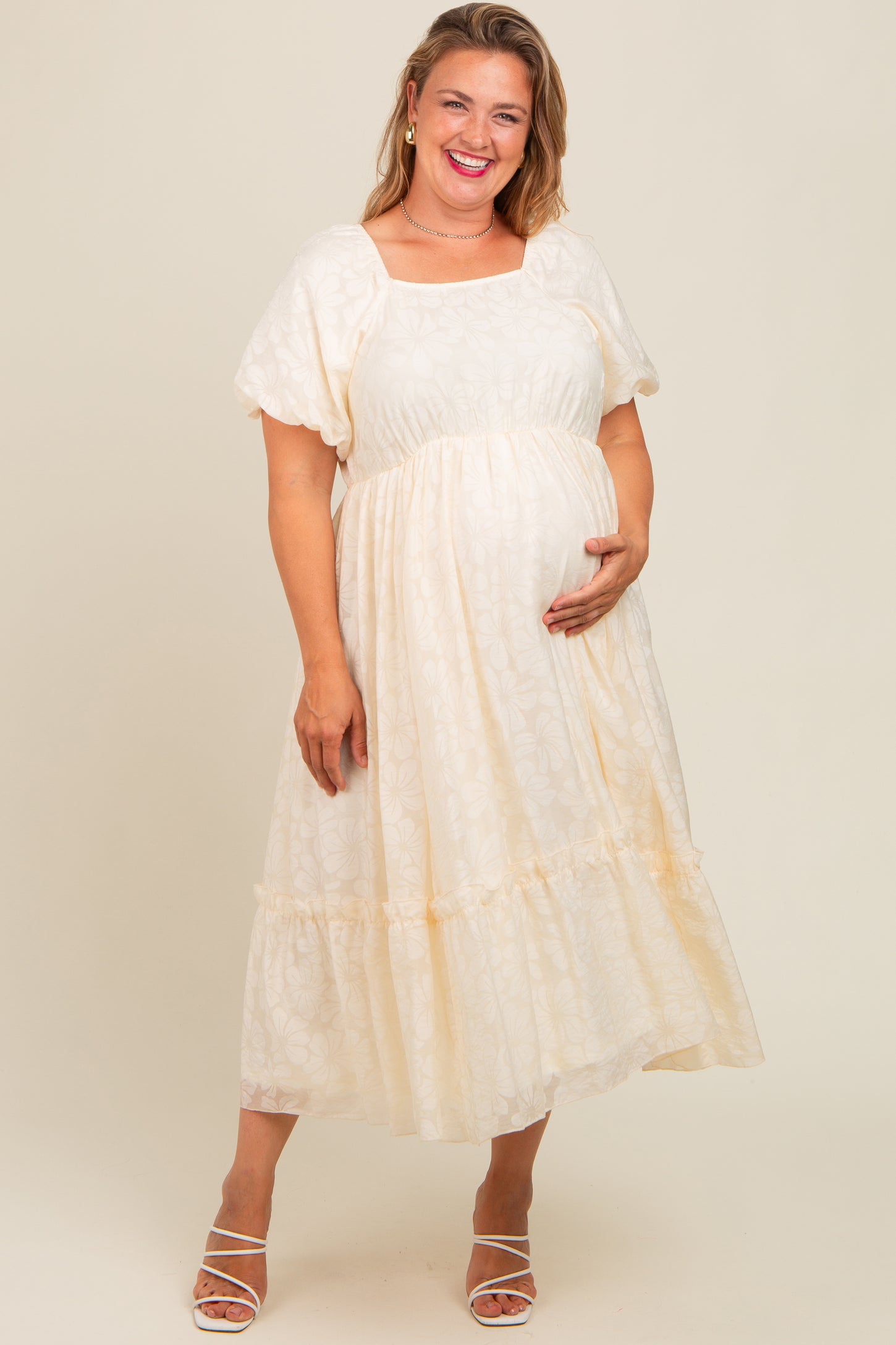 Cream Floral Square Neck Bubble Sleeve Plus Maternity Maxi Dress