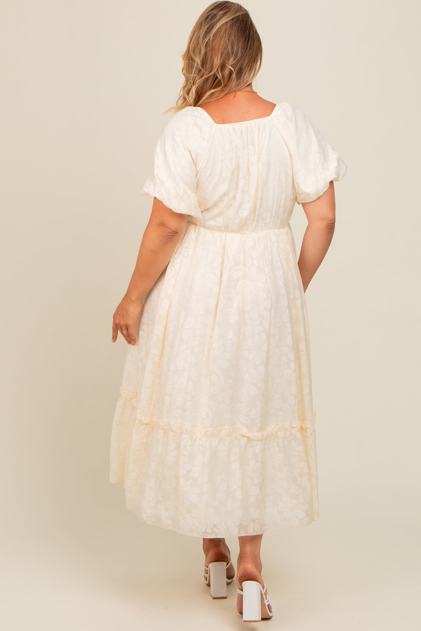 Cream Floral Square Neck Bubble Sleeve Plus Maternity Maxi Dress