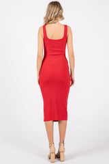 Red Sleeveless Ribbed Fitted Dress