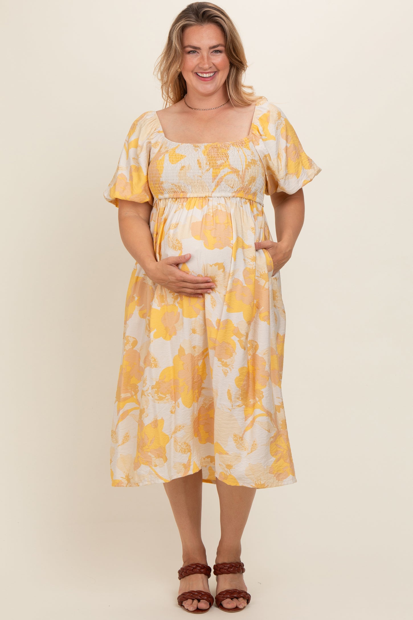 Yellow Floral Square Neck Smocked Short Puff Sleeve Maternity Plus Midi Dress