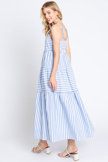 Blue Striped Sleeveless Tiered Maxi Dress