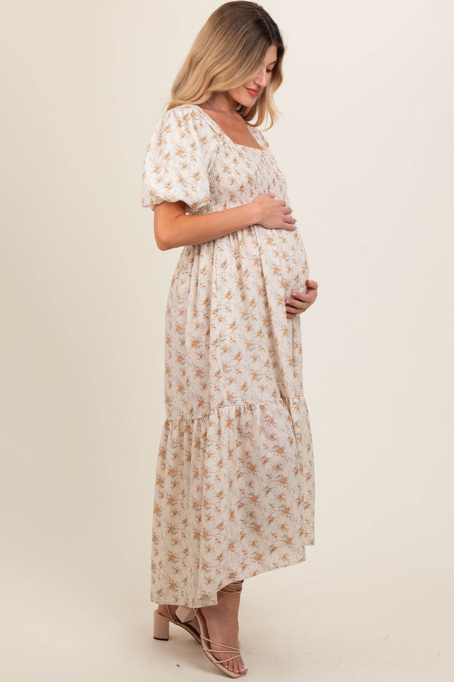 Cream Floral Smocked Square Neck Short Puff Sleeve Maternity Midi Dress