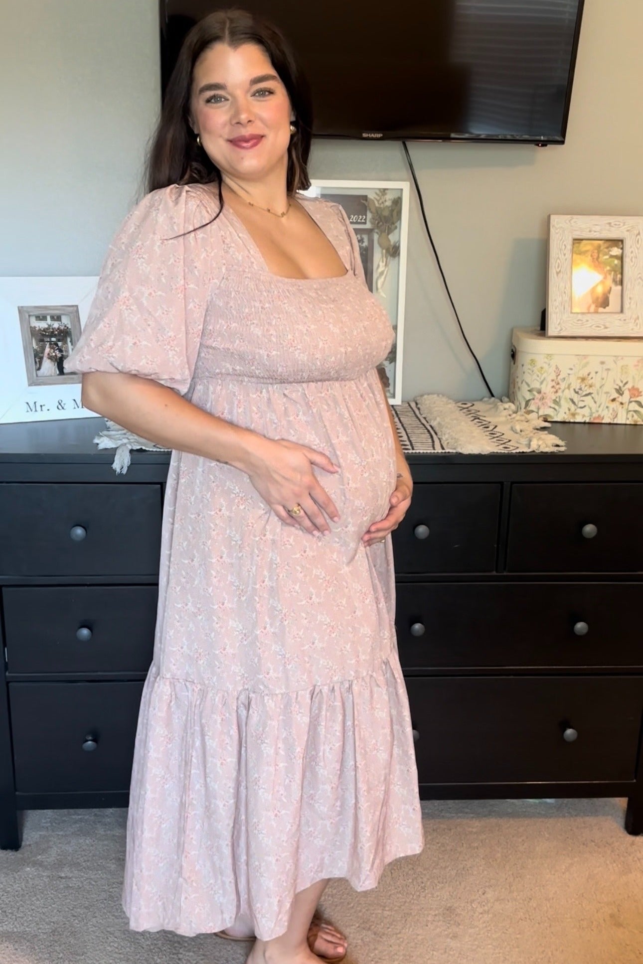 Light Pink Floral Smocked Square Neck Short Puff Sleeve Maternity Midi Dress