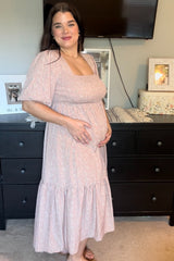 Light Pink Floral Smocked Square Neck Short Puff Sleeve Maternity Midi Dress