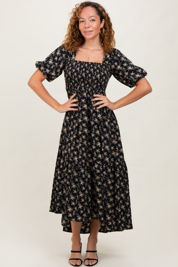 Black Floral Smocked Square Neck Short Puff Sleeve Midi Dress