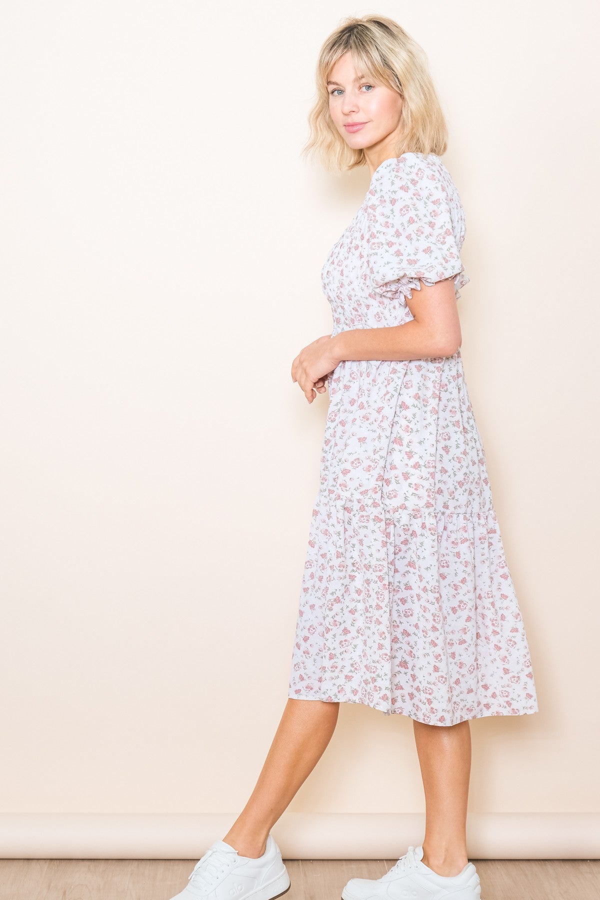 Cream Floral Smocked Midi Dress