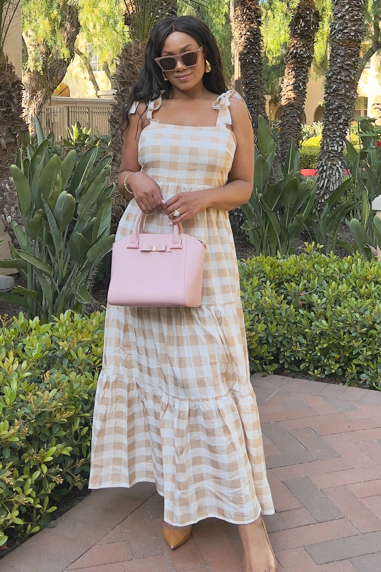 Taupe Gingham Maxi Dress