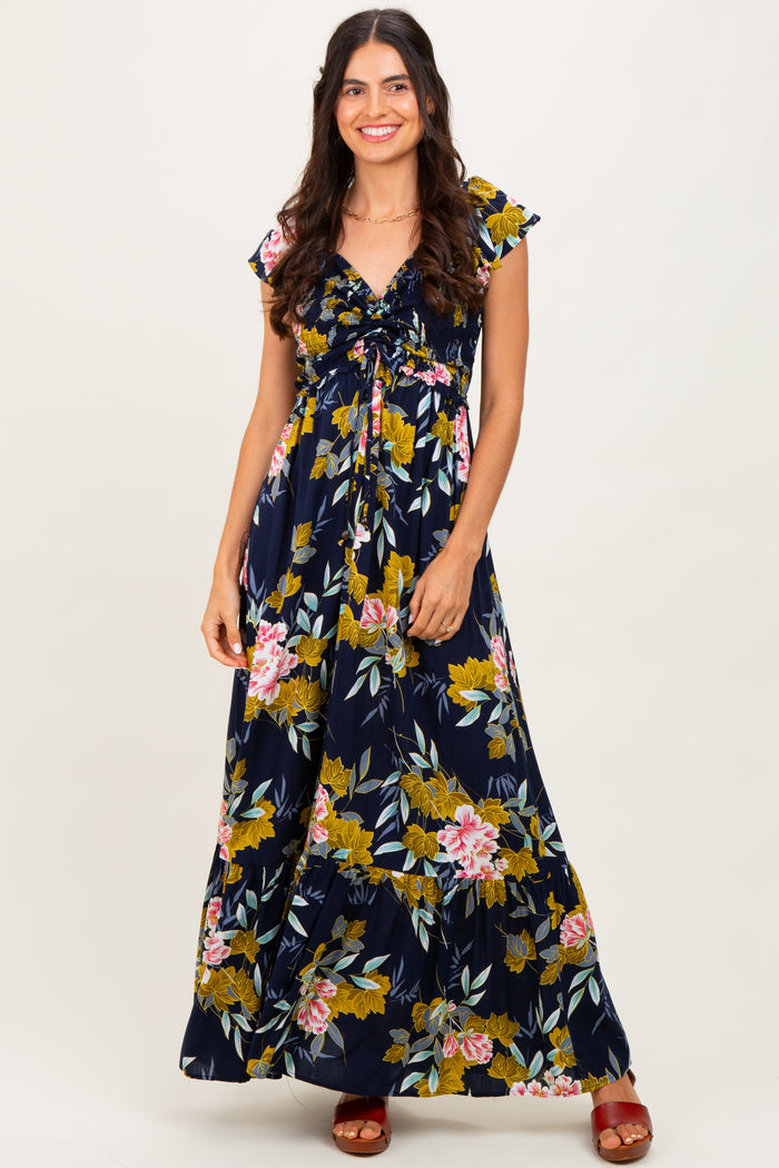 Navy Floral Smocked Cinched Top Maxi Dress