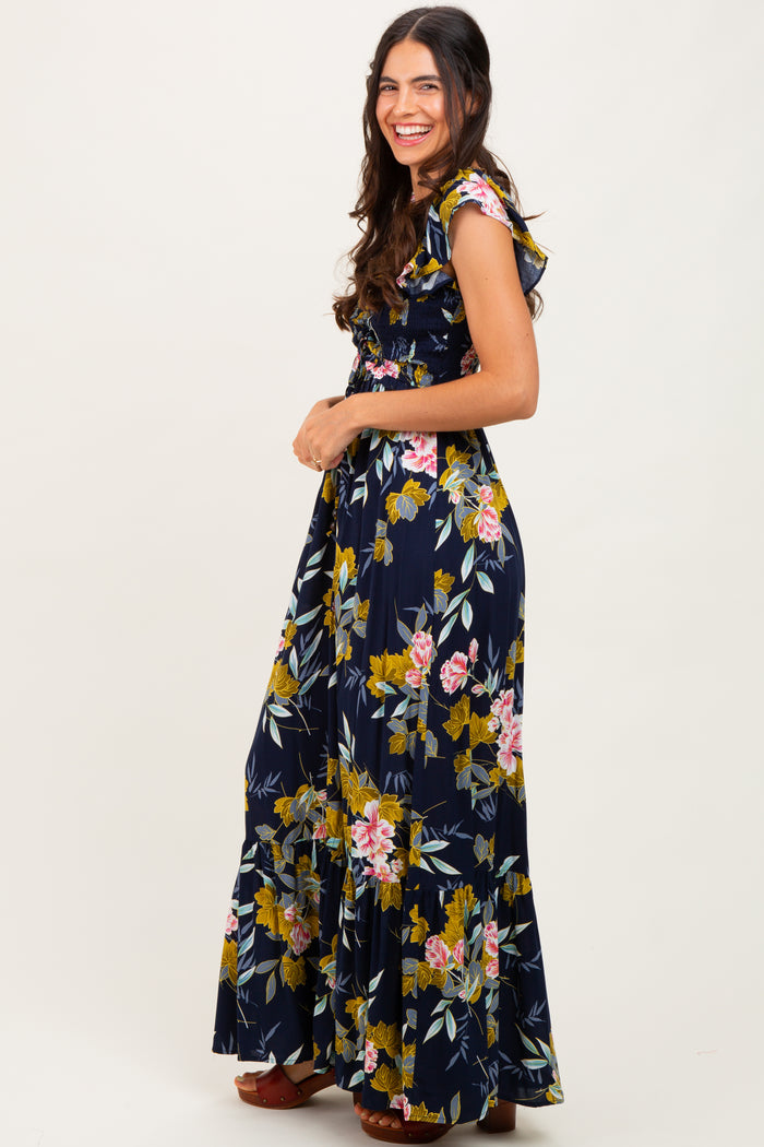 Navy Floral Smocked Cinched Top Maxi Dress
