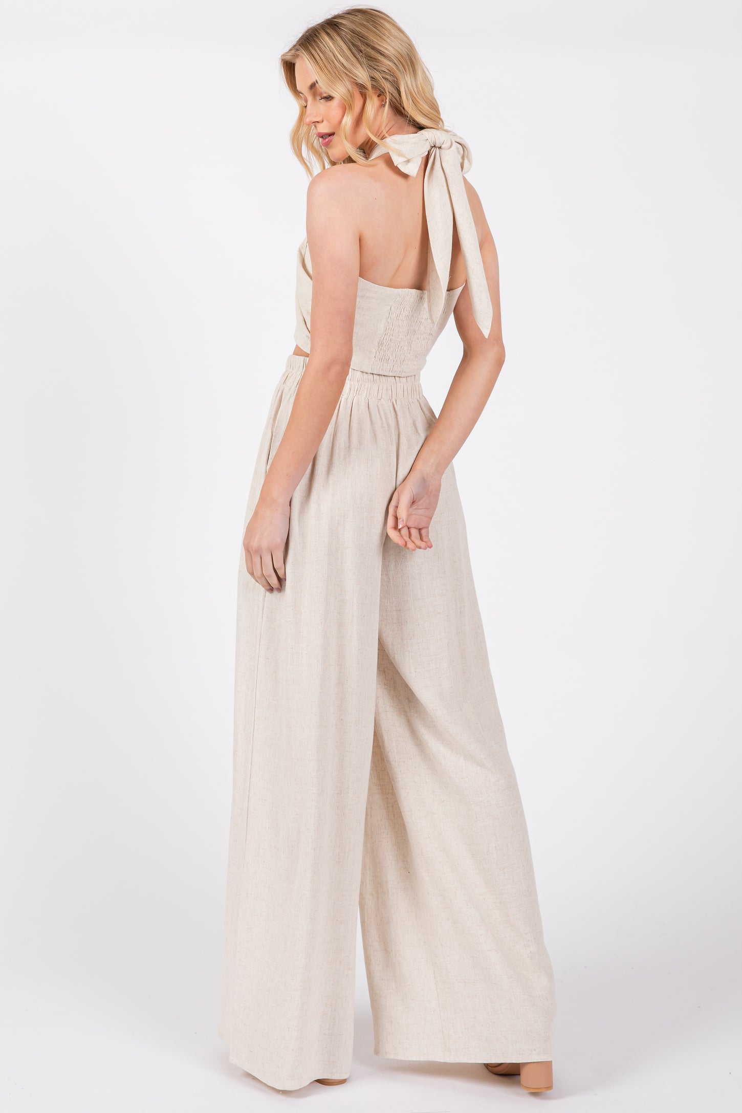 Beige Linen Smocked Top and Pants Set